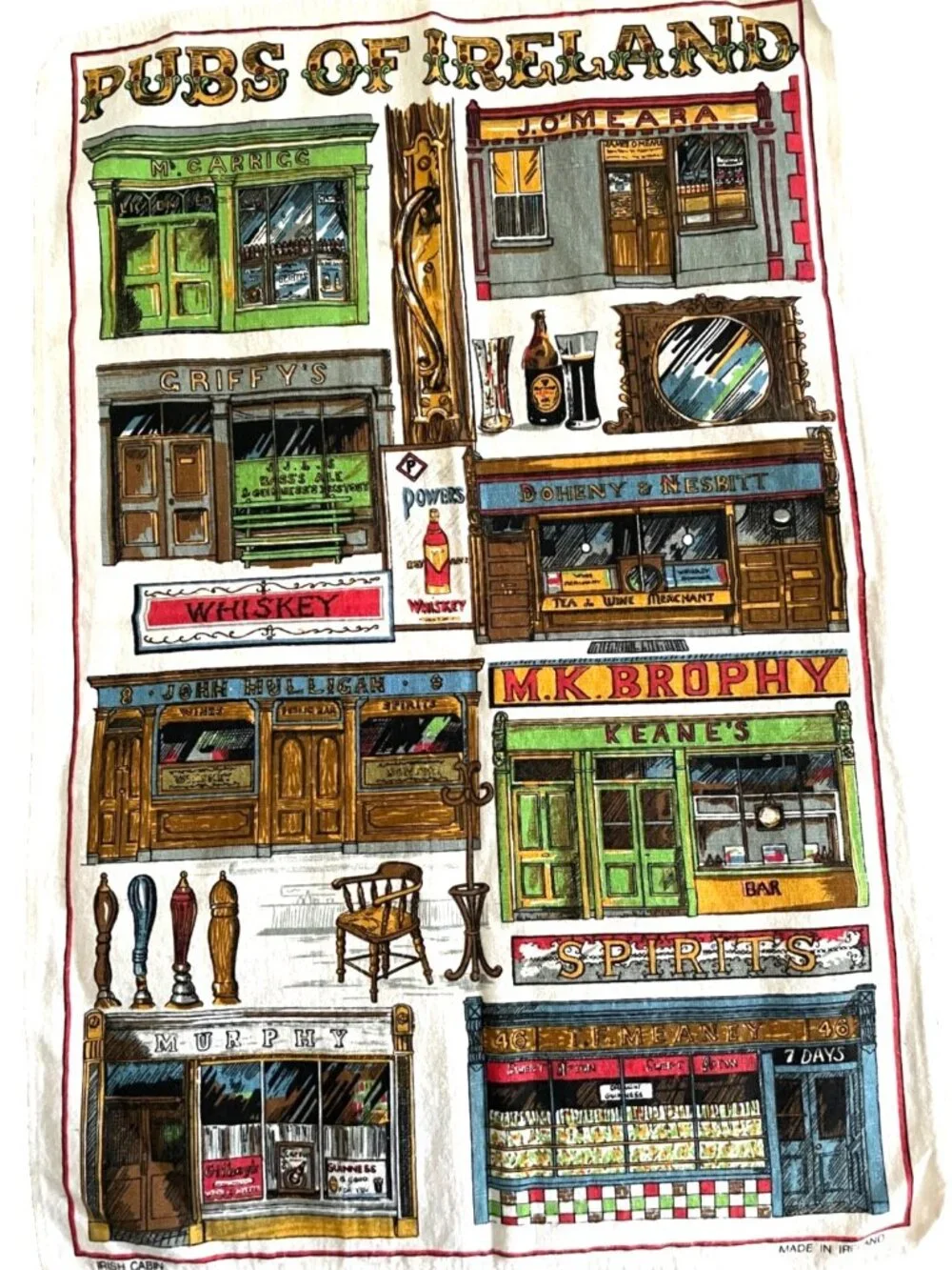 Vintage 100% Irish Linen Pubs Of Ireland Tea Towel Wall Hanging Made in Ireland